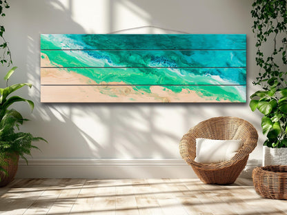 Aerial Beach Wood Wall Art - Abstract Beach Painting Printed on Wood, Beach Wall Art, Soft Tones Beach Painting, Rustic Nautical Wall Decor