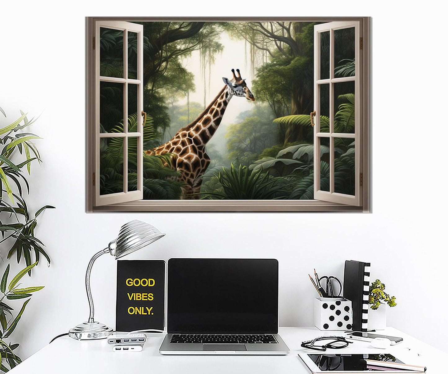 Jungle Window Canvas - African Wall Art Framed Canvas Print With Giraffe View