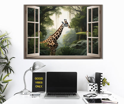 Jungle Window Canvas - African Wall Art Framed Canvas Print With Giraffe View