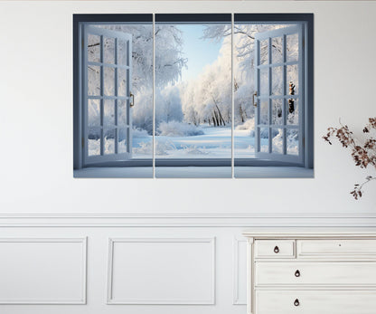 Winter Forest Canvas Art – Open Window Painting | Faux Window Canvas, Ready to Hang