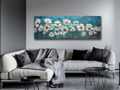 Rustic Daisy Flowers Printed on Natural Wood – Floral Wall Art
