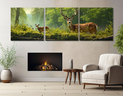 Deer Family Wall Art – Mother Deer with Fawn Forest Canvas Print, Framed & Ready to Hang