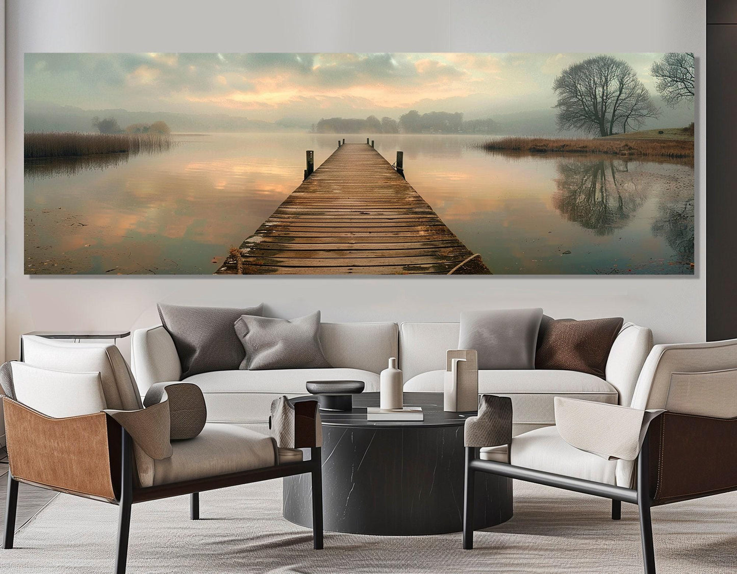 Old Fishing Bridge Canvas - Large Scenic Lake Wall Art with Foggy Lake Painting