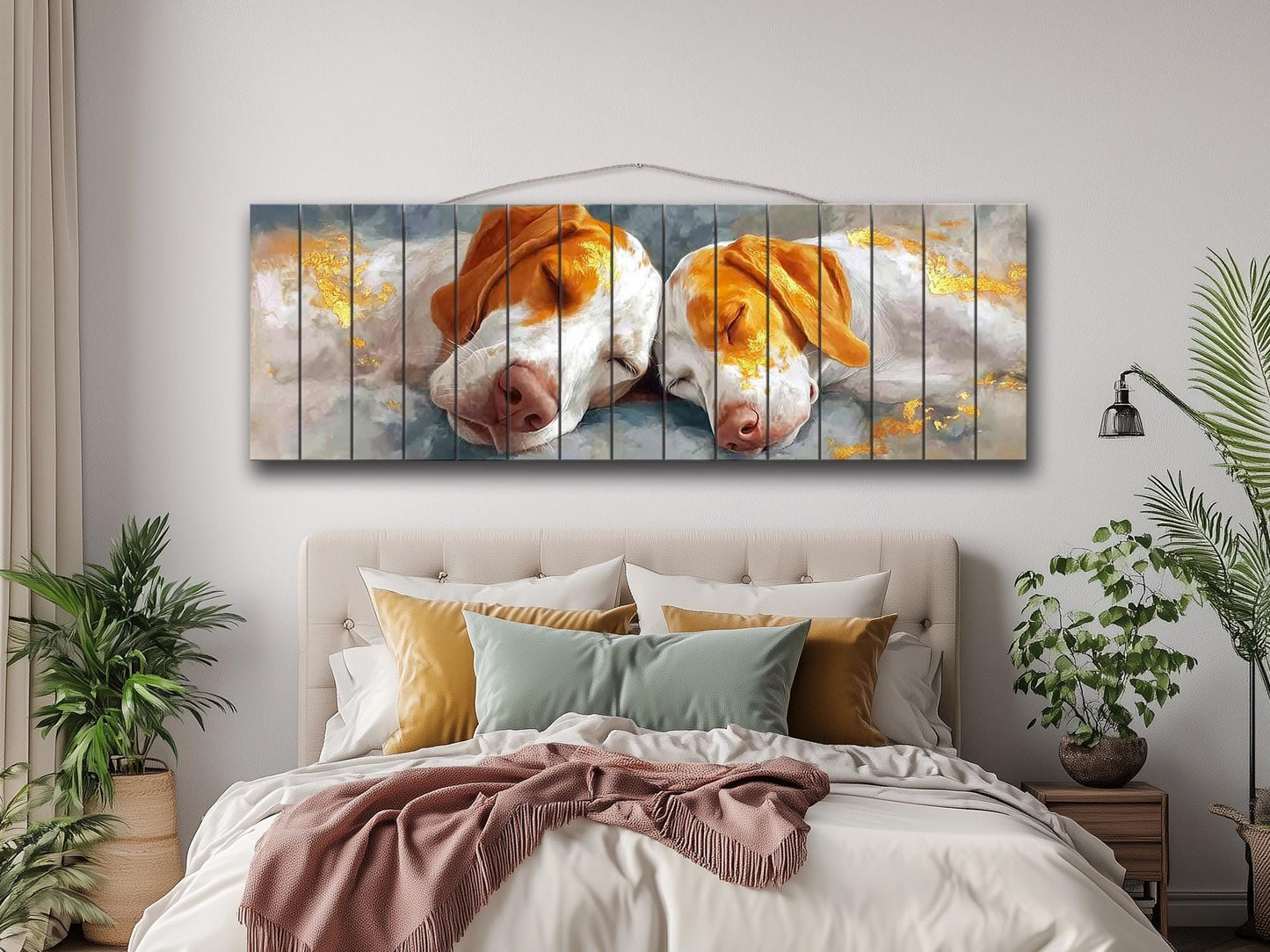 Sleeping Hounds Print on Natural Wood, Romantic Bedroom Decor, Rustic Pet Wall Art
