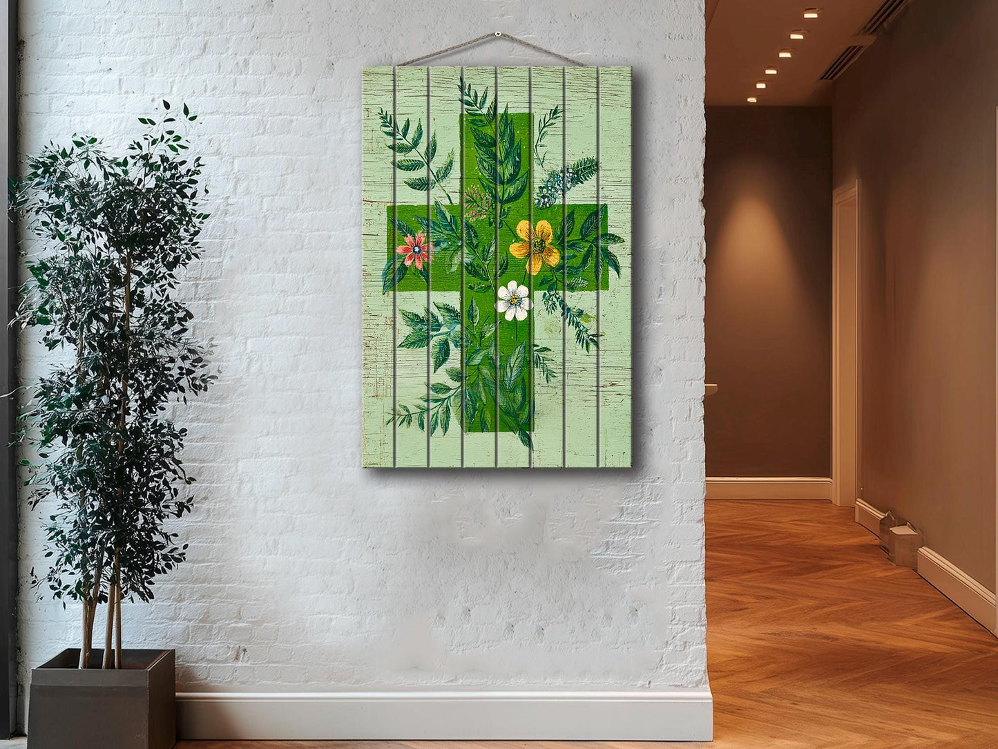 Rustic Wood Wall Art – Floral Medical Cross Print on Wood | Farmhouse Botanical Decor