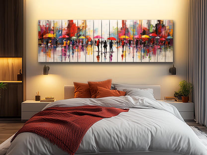 Wooden Wall Art – Abstract Rainy City Print on Natural Wood Planks | Colorful Decor