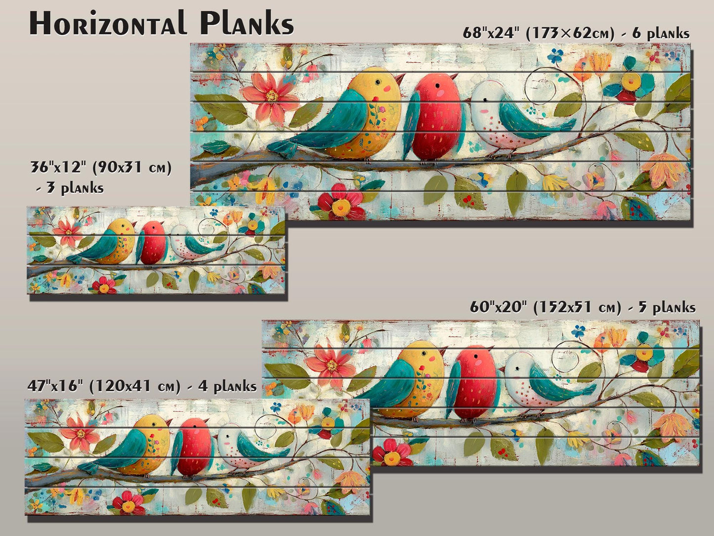Wood Wall Art - Trio of Birds Print on Natural Wood Plank | Rustic Folk Art Decor