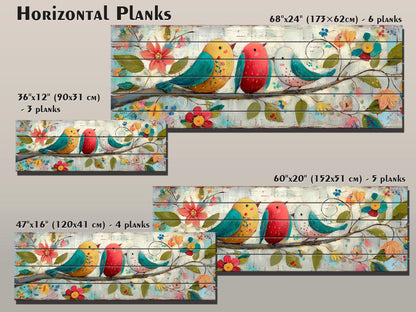 Wood Wall Art - Trio of Birds Print on Natural Wood Plank | Rustic Folk Art Decor