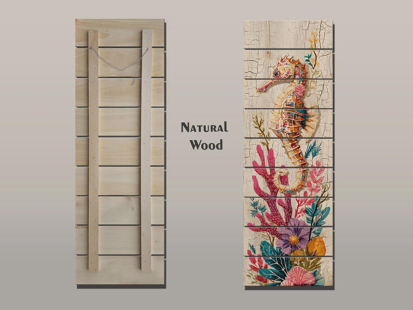 Rustic Nautical Wall Art – Seahorse Wood Print on Natural Wood Plank – Coastal Decor
