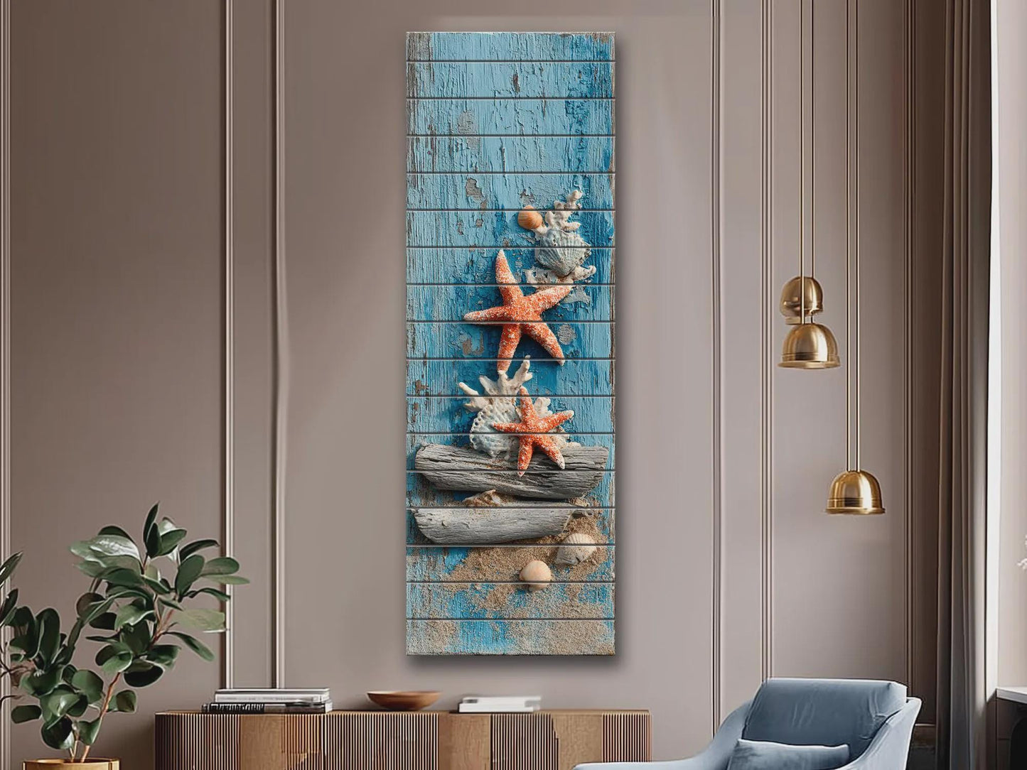 Wood Wall Art | Coastal Wall Art - Driftwood Starfish Print on Rustic Wood Panel