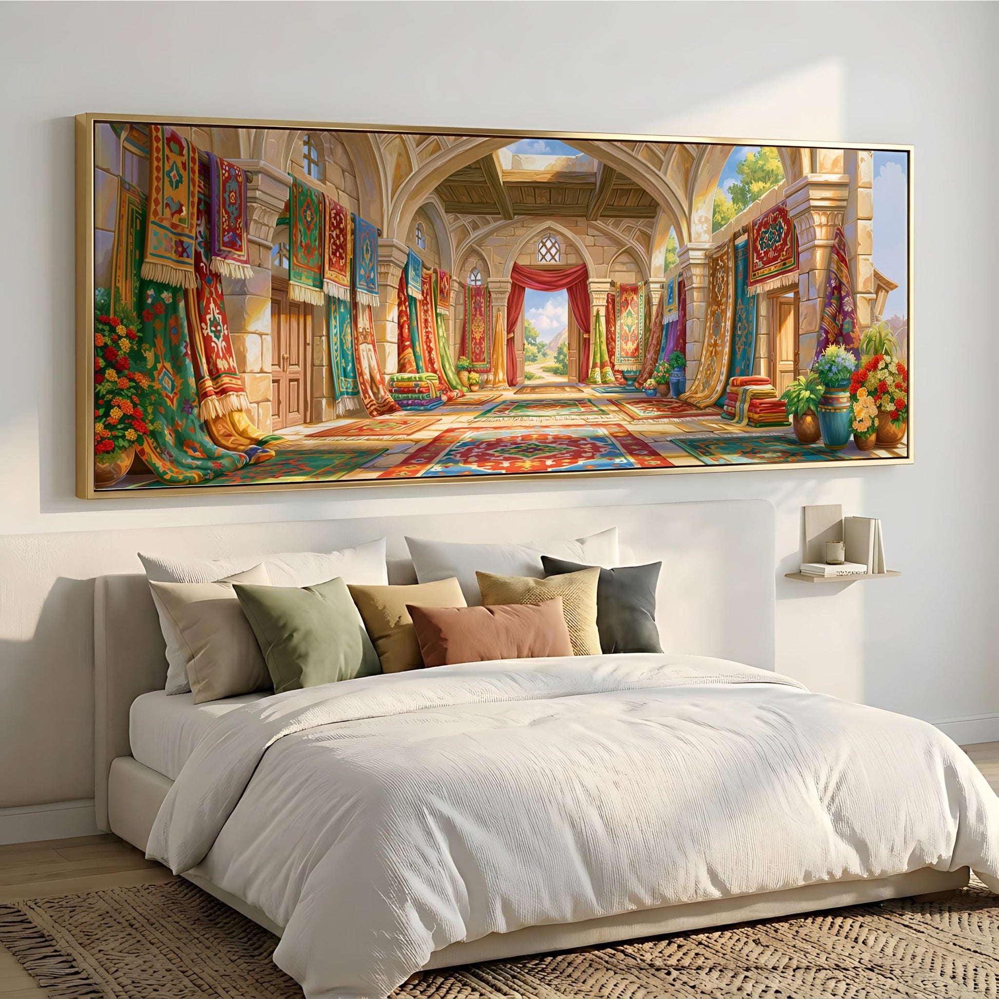 a large, ornate, and colorful painting of a grand hallway or corridor, with intricate architectural details and vibrant patterns.