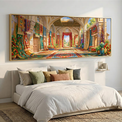 a large, ornate, and colorful painting of a grand hallway or corridor, with intricate architectural details and vibrant patterns.