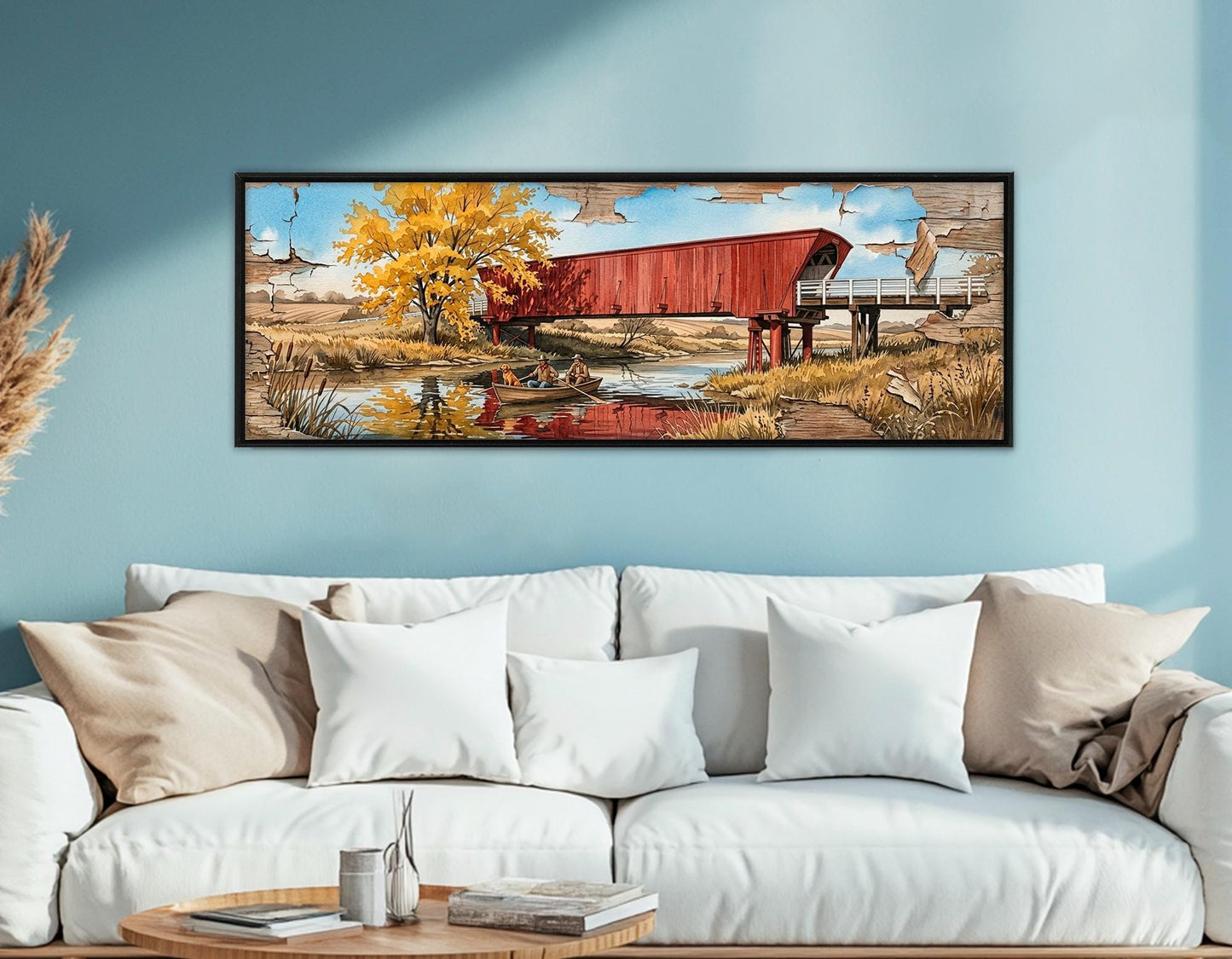 Roseman Bridge Canvas Print, Panoramic Covered Bridge Painting, Large River Wall Art, Framed and Ready to Hang