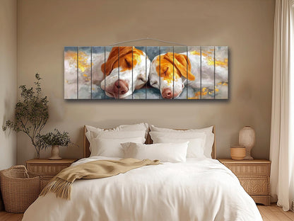 Sleeping Hounds Print on Natural Wood, Romantic Bedroom Decor, Rustic Pet Wall Art