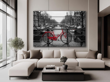 Wood Wall Art - Red Bicycle in Amsterdam Print on Wood, Netherlands Wall Art, Black and White Amsterdam Wood Print, Rustic Amsterdam Art