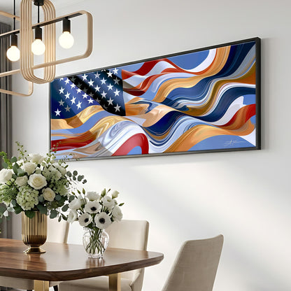 a large framed artwork of the American flag hanging on a wall above a dining table with a vase of white flowers.