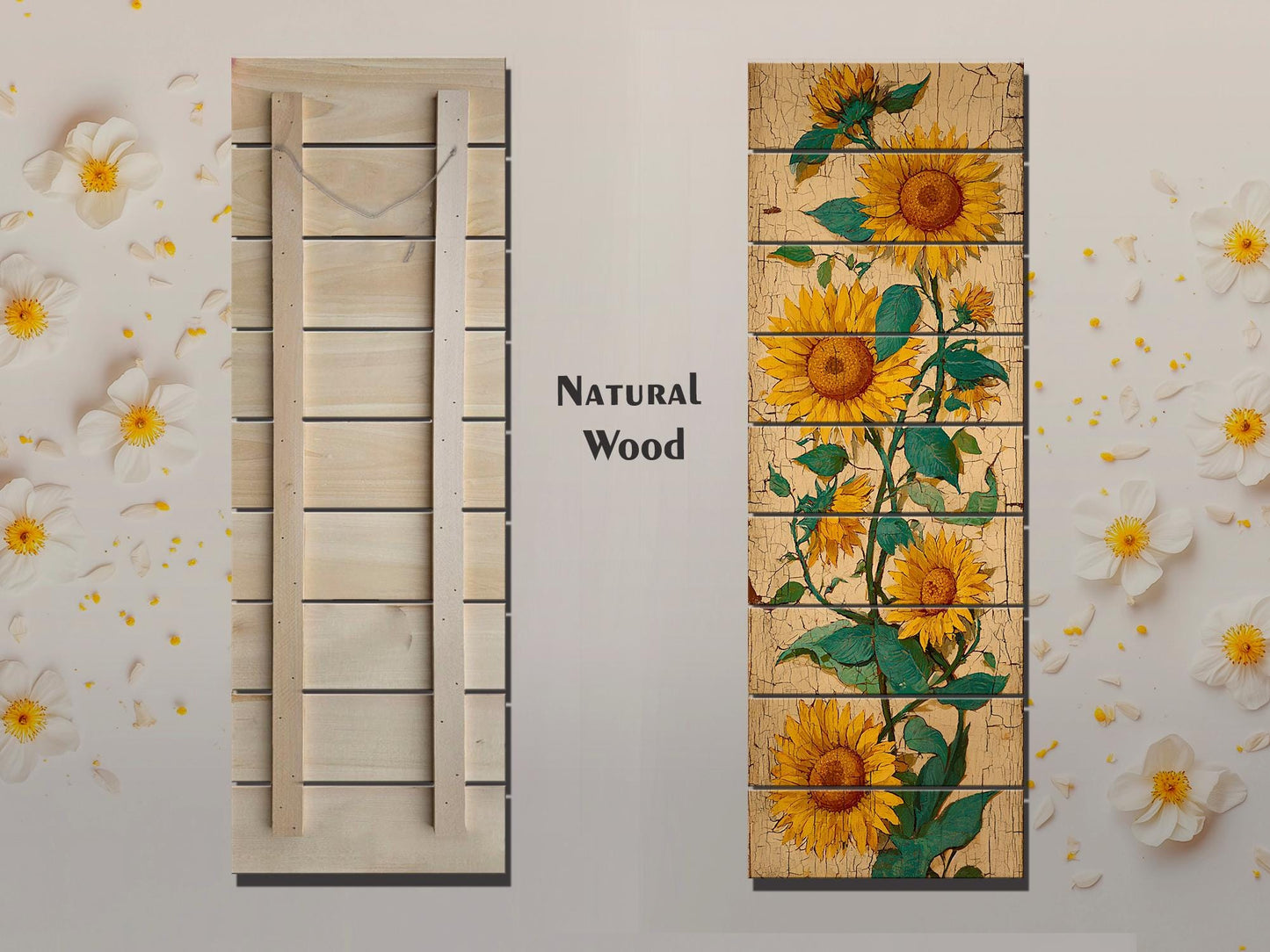 Sunflowers Wood Art – Rustic Wall Decor | Vibrant Floral Print on Natural Wood Planks