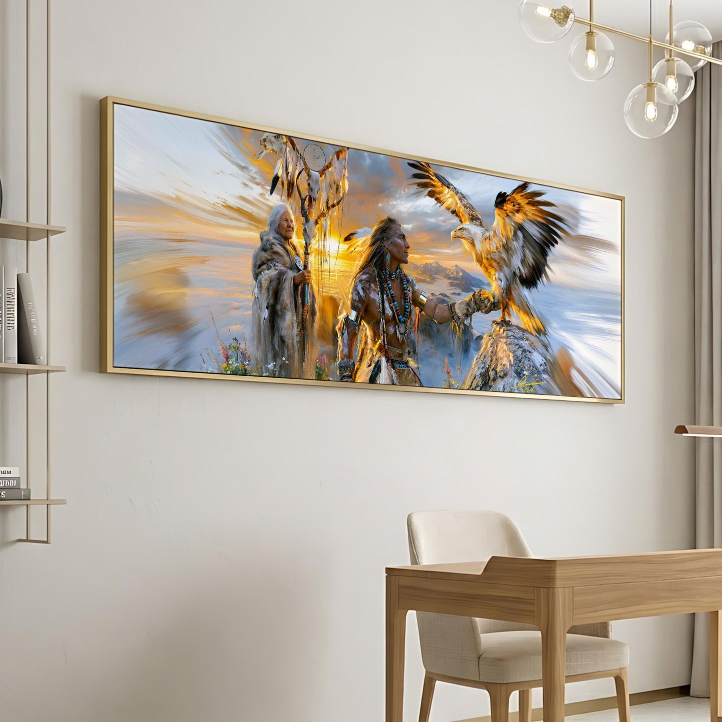 a large, colorful painting of Native American figures, including a bird of prey, hanging on a wall in a room with a wooden desk and chair.