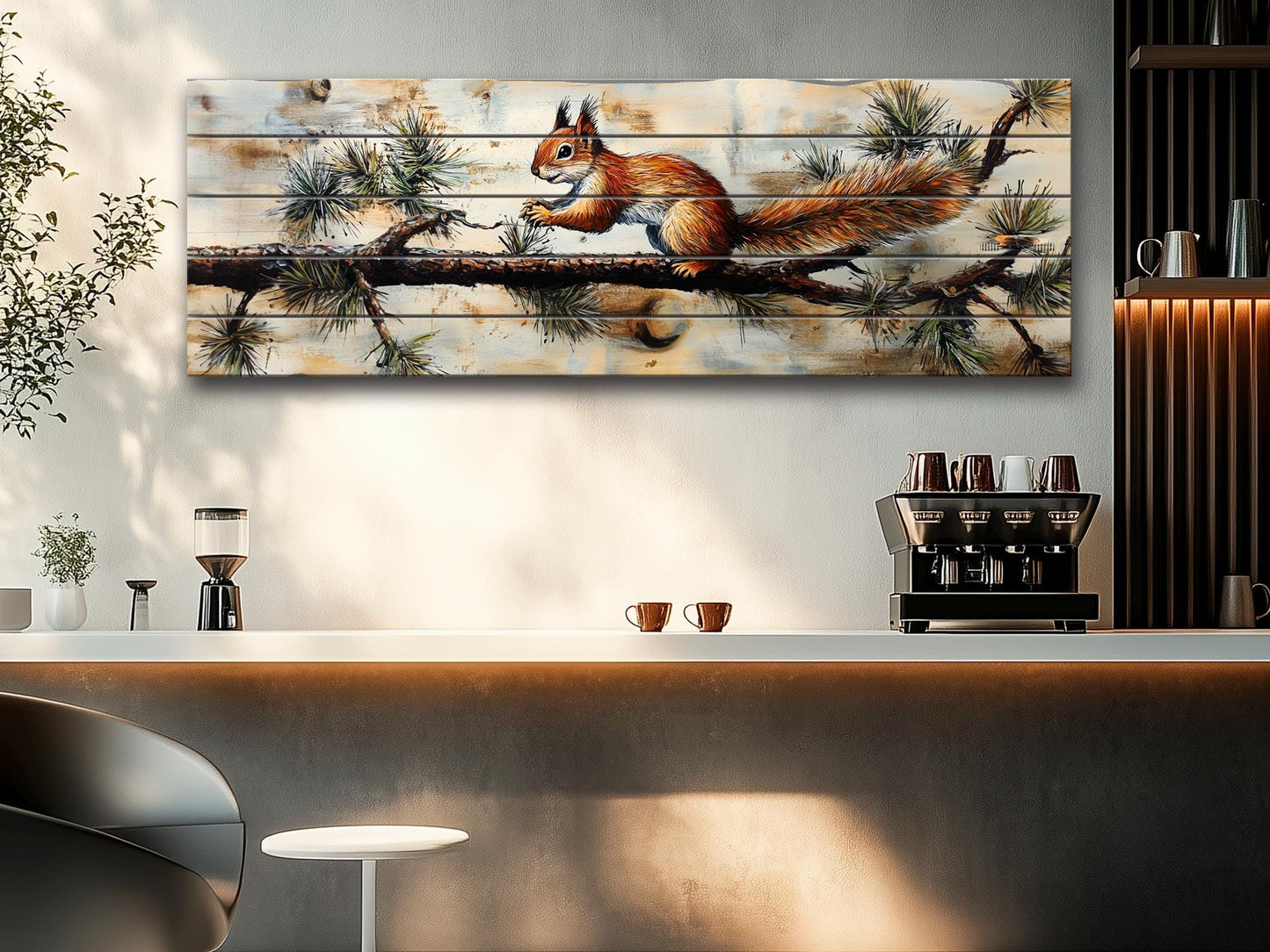 Rustic Wood Wall Art – Squirrel on Pine Branch | Natural Wood Print Decor