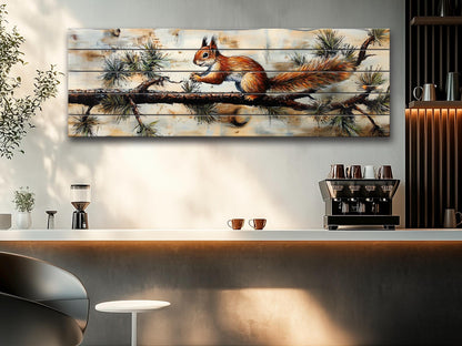 Rustic Wood Wall Art – Squirrel on Pine Branch | Natural Wood Print Decor