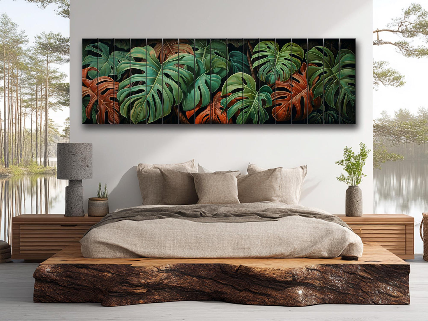 Wood Wall Art – Large Floral Wood Print with Philodendron Leaf Art | Rustic Farmhouse Decor