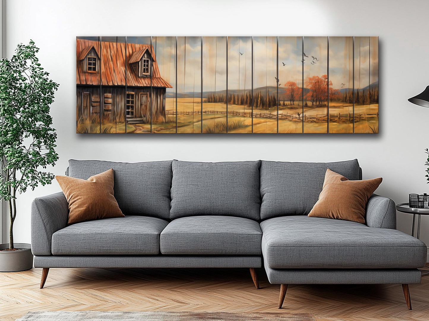 Rustic Farmhouse Wall Art – Natural Wood Artwork with Cozy Country Landscape Print