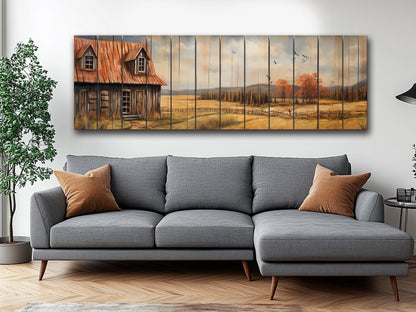 Rustic Farmhouse Wall Art – Natural Wood Artwork with Cozy Country Landscape Print
