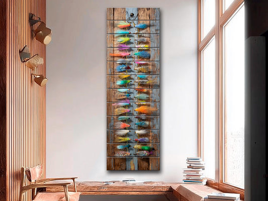 Fly Fishing Lures Wall Art on Wood – Rustic Vertical Decor – Colorful Fly Tackle Print for Cabin or Workshop, Rustic Fishing Lodge Decor