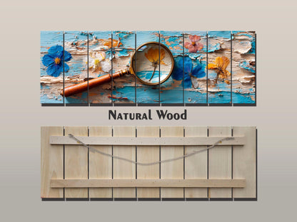 Pressed Flowers Wood Print – Rustic Nature Art on Blue Peeling Paint Wood Planks