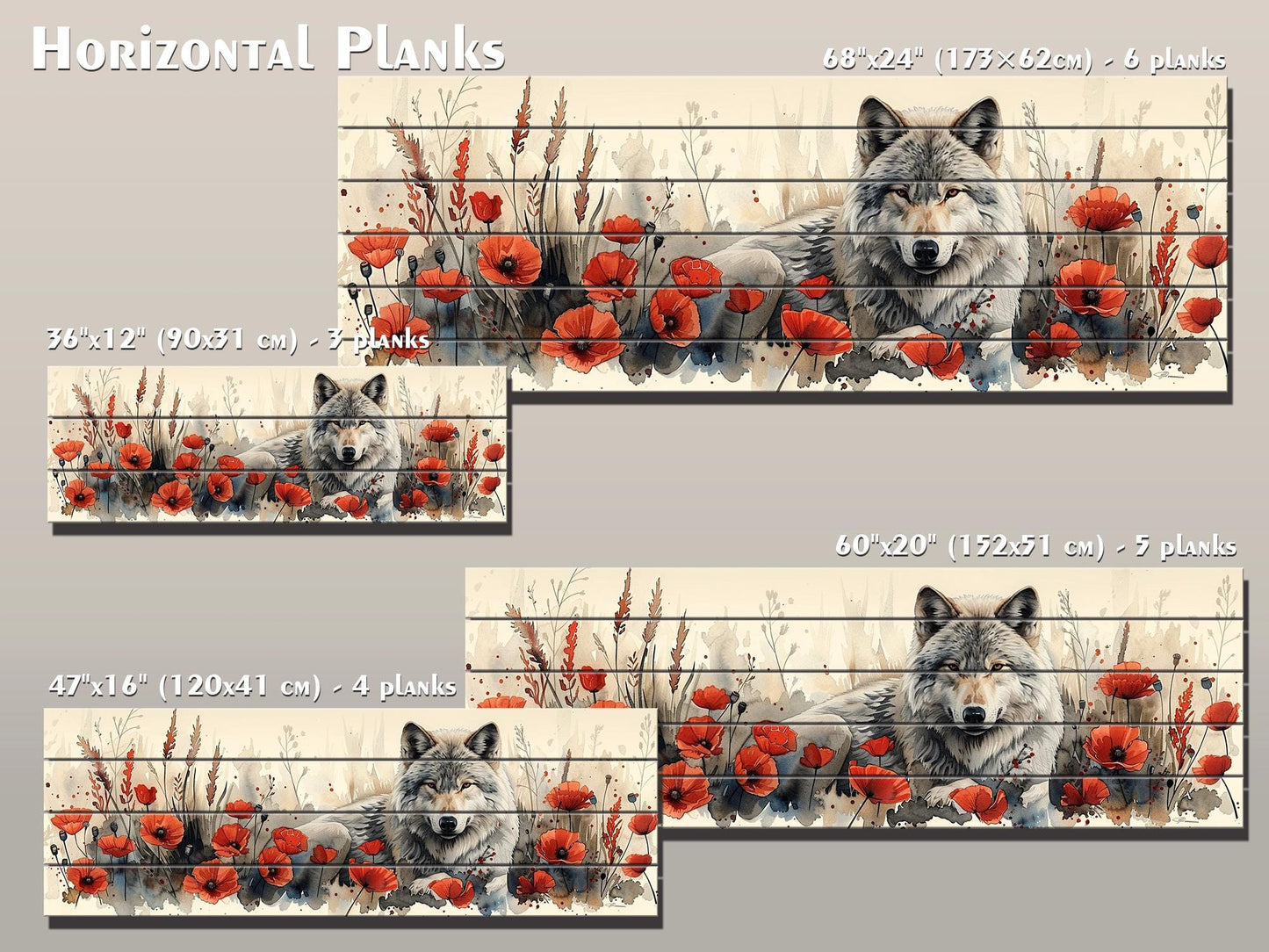 Wolf Wood Wall Art – Rustic Wood Print with Red Poppies and Wildlife Decor