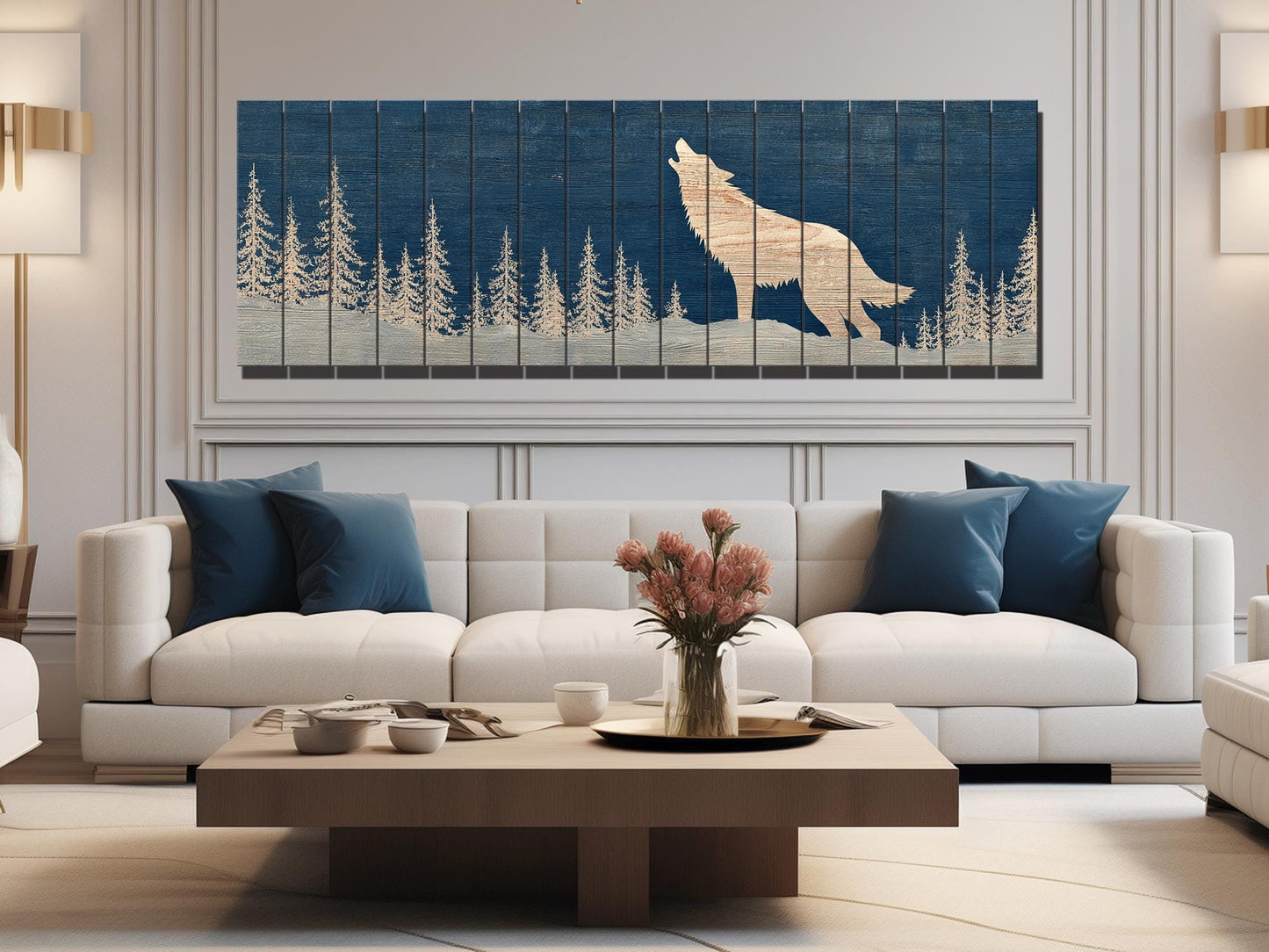Wolf Silhouette in Snowy Forest Print on Natural Wood, Rustic Howling Wolf Wall Art