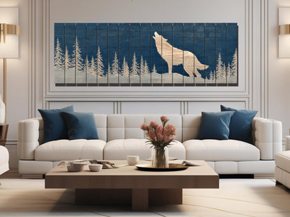 Wolf Silhouette in Snowy Forest Print on Natural Wood, Rustic Howling Wolf Wall Art