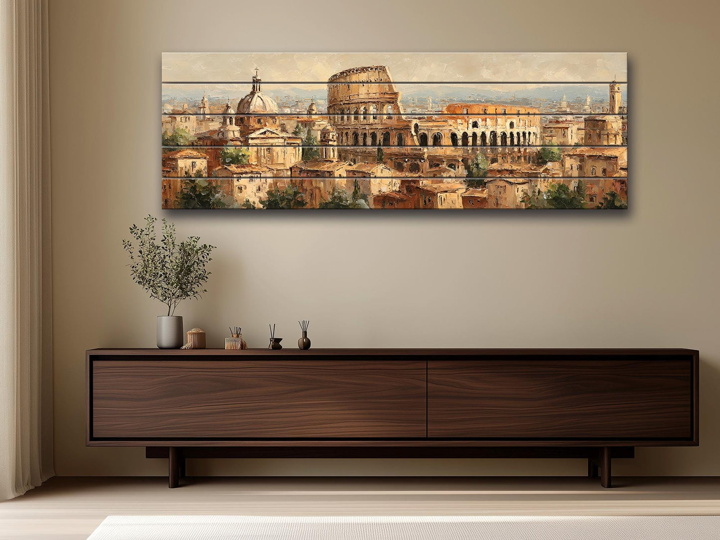 Rome Skyline Wood Print – Rustic Wood Art | Colosseum Painting Beige Wall Decor