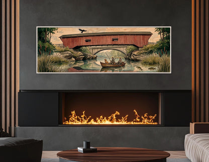Narrows Bridge Canvas Print, Panoramic Covered Bridge Painting, Large River Wall Art, Framed and Ready to Hang