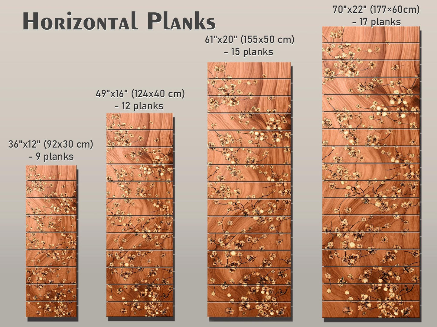 Japanese Blossoms Wall Art – Elegant Brass Inlay Floral Wood Print Decor