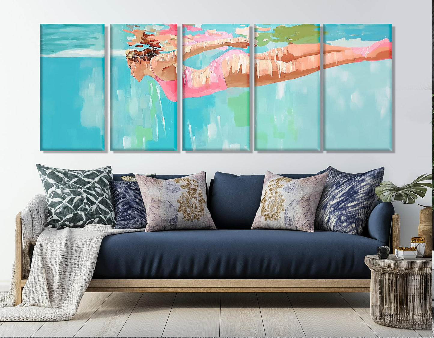 Swimming Wall Art – Lady Swimming Painting Framed Canvas Print, Poolside Decor