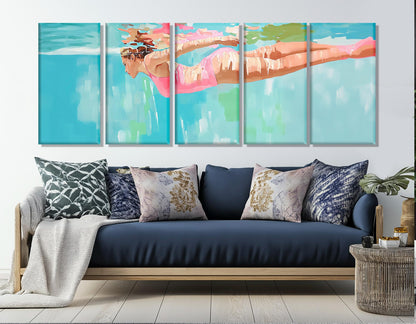Swimming Wall Art – Lady Swimming Painting Framed Canvas Print, Poolside Decor