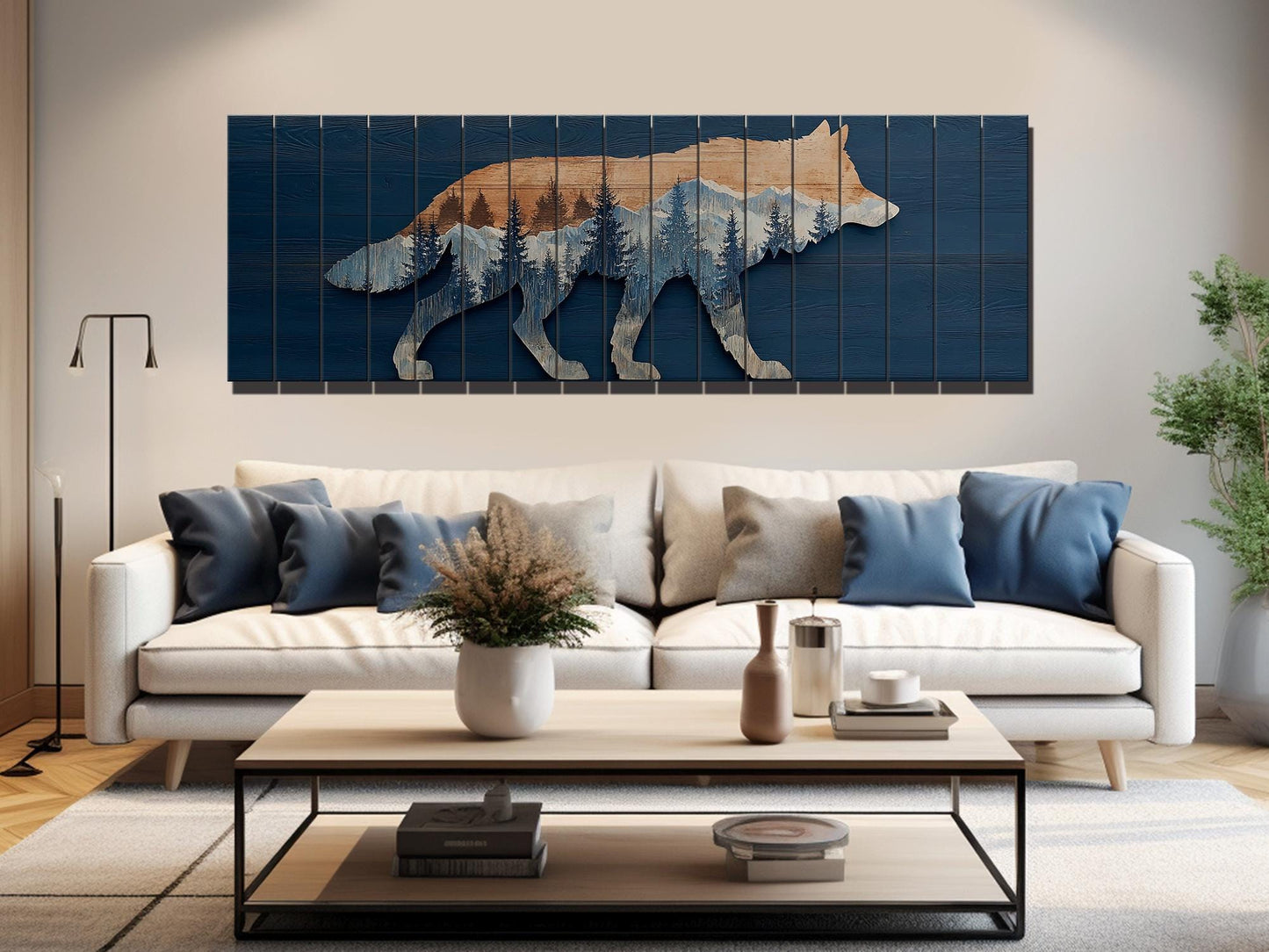 Wolf Silhouette with Forest Print on Natural Wood, Rustic Hunting Wall Art