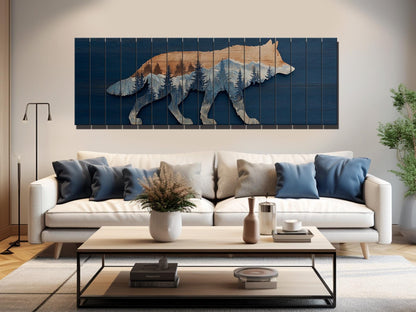 Wolf Silhouette with Forest Print on Natural Wood, Rustic Hunting Wall Art