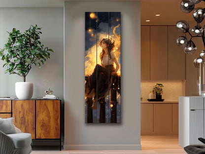 Dreamy Woman Painting | Natural Wood Print - Fantasy Wall Art with Warm Golden Tones