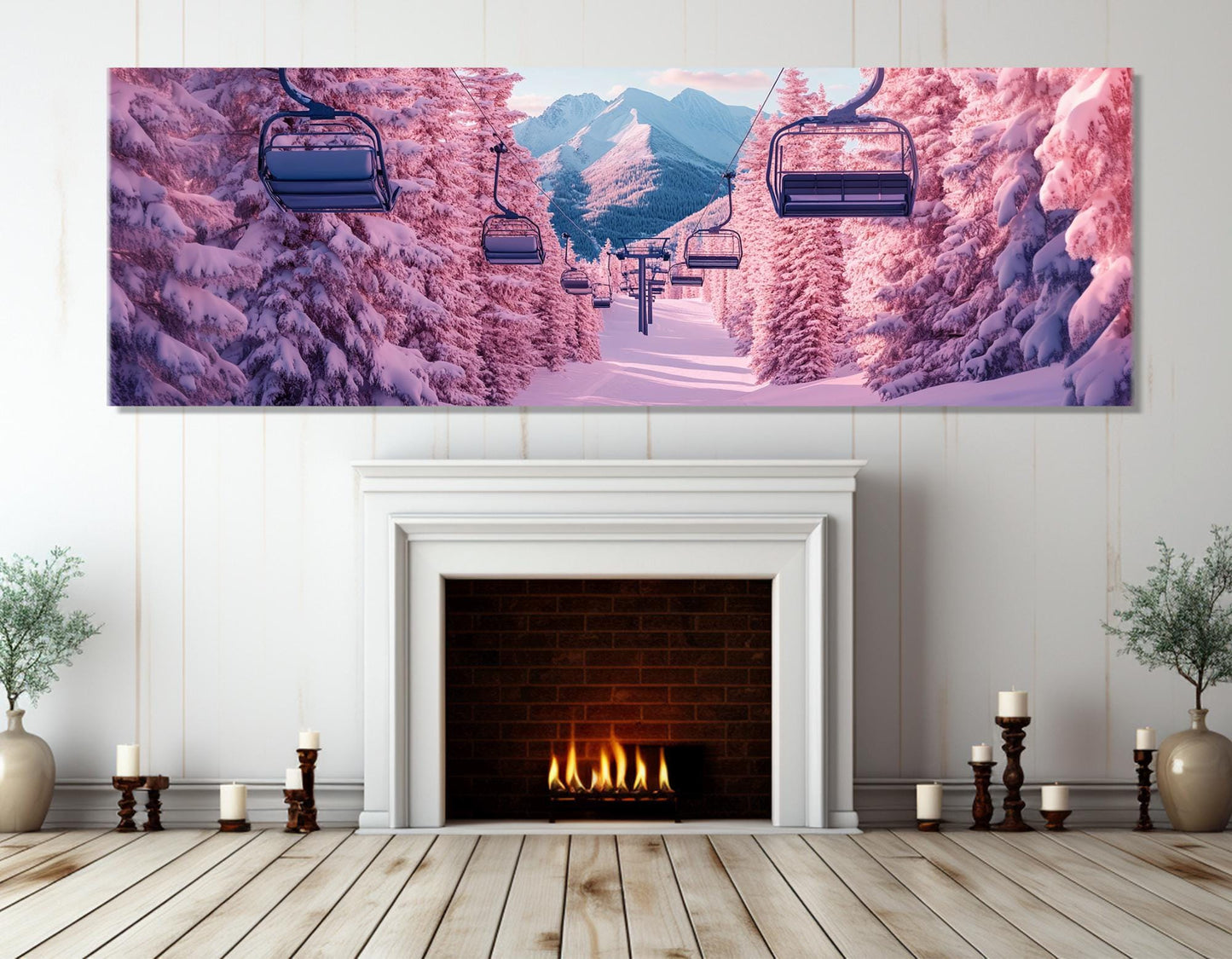 Pink Winter Forest Canvas - Surreal Ski Lift Wall Art | Ready to Hang Framed Print