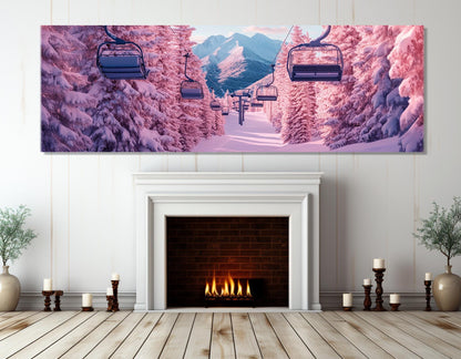 Pink Winter Forest Canvas - Surreal Ski Lift Wall Art | Ready to Hang Framed Print