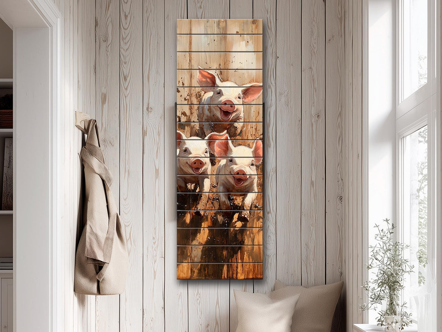 Playful Piglets in Muddy Pen Painting Printed on Natural Wood – Farm Animal Print on Rustic Linden Wood with Sunshine and Country Colors