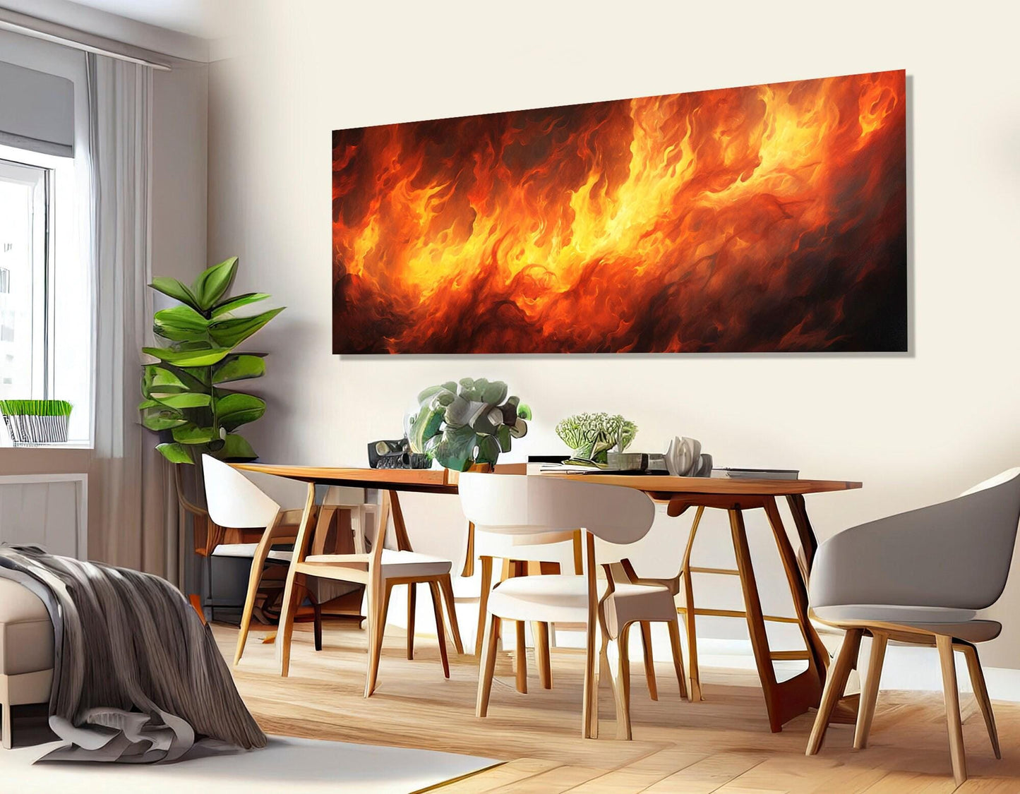 Large Fire Canvas Print, Panoramic Wall Art, Livingroom Decor, Firefighter Gift, Abstract Fire Painting, Framed and Ready to Hang