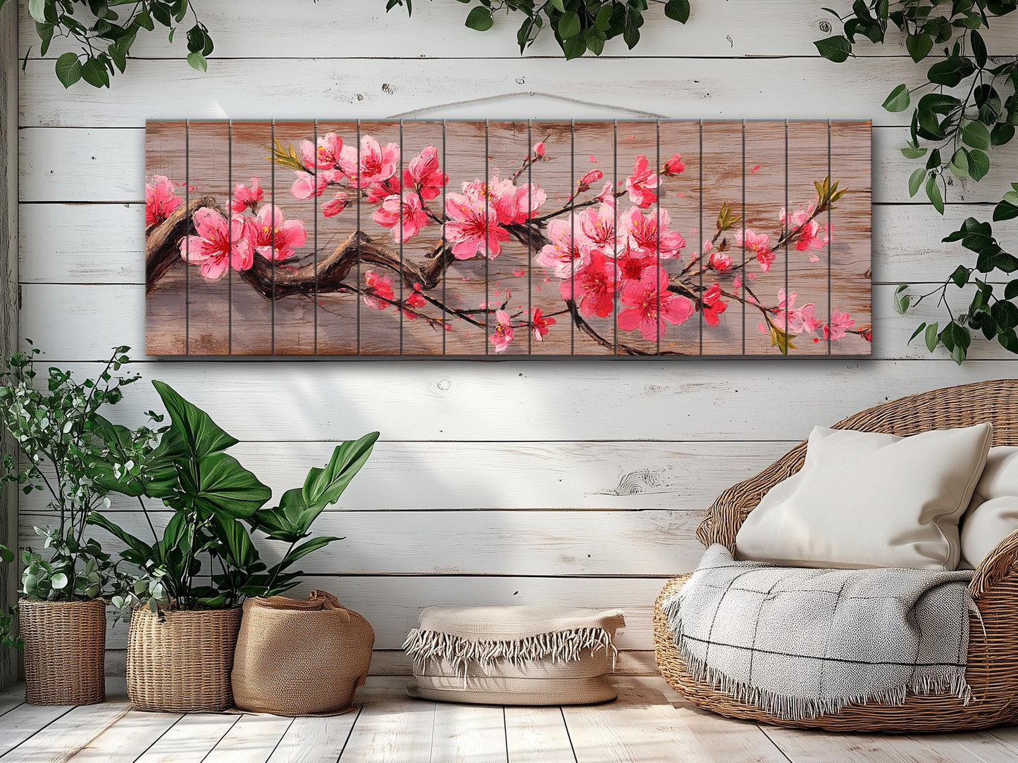 Wood Wall Art - Sakura Branch Painting Printed on Natural Wood, Sakura Tree Print, Japanese Wall Art, Rustic Japanese Wall Decor