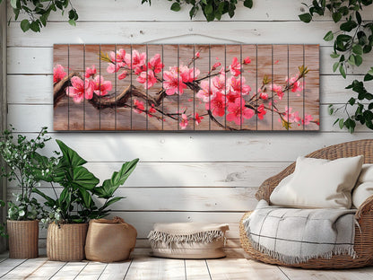 Wood Wall Art - Sakura Branch Painting Printed on Natural Wood, Sakura Tree Print, Japanese Wall Art, Rustic Japanese Wall Decor