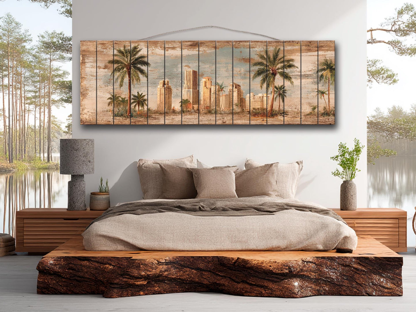 Miami Skyline Wood Print – Vintage Art Deco Cityscape on Rustic Wood Panels