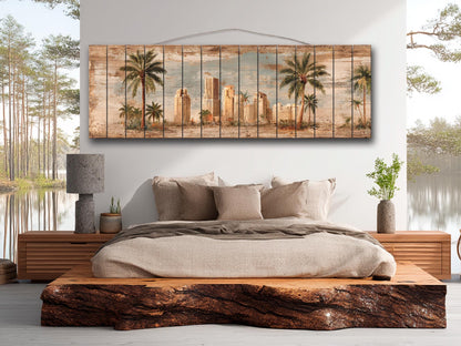 Miami Skyline Wood Print – Vintage Art Deco Cityscape on Rustic Wood Panels
