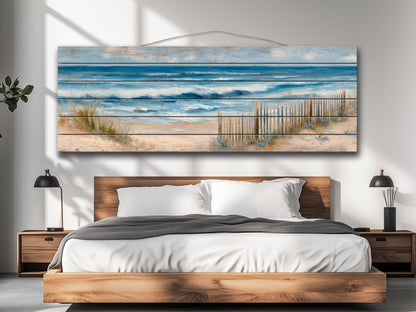 Serene Coastal Scene with Rolling Waves and Sandy Dunes Print on Wood, Seaside Grass, Beach Wall Art, Beach Cabin Decor, Wood Wall Art