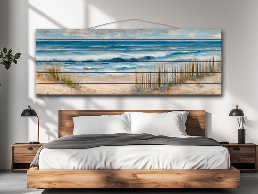 Serene Coastal Scene with Rolling Waves and Sandy Dunes Print on Wood, Seaside Grass, Beach Wall Art, Beach Cabin Decor, Wood Wall Art
